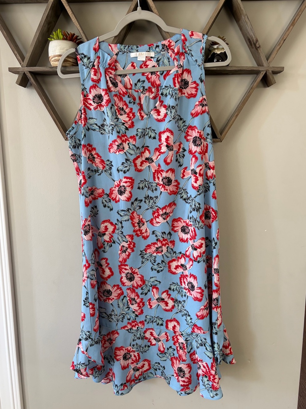 C&E sleeveless floral print dress with ruffled hem. Size small